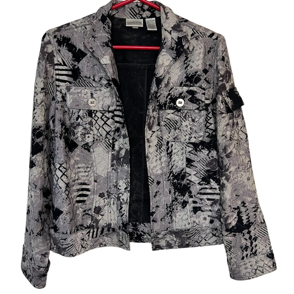 Chicos Jacket Womens Medium Black Floral Abstract Lightweight Jacket - Size 1